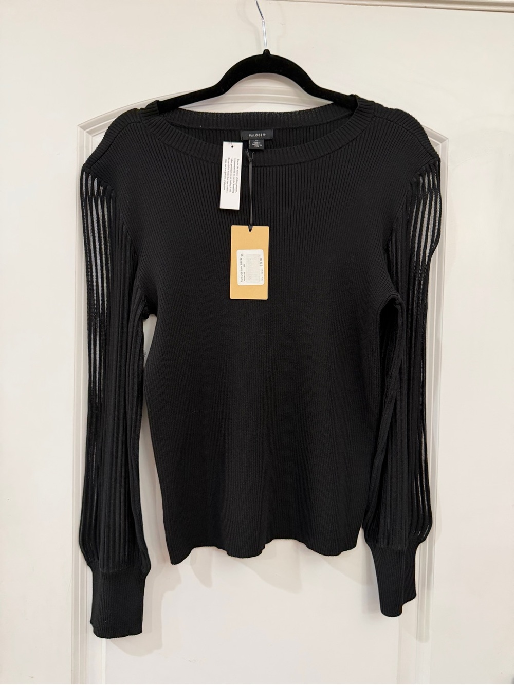 Halogen Black Ribbed Long-Sleeve Top with Sheer Stripe Sleeves